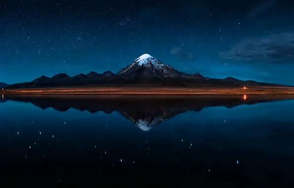 Night, nature, stars, Bolivia, The Reflection of the Sajama