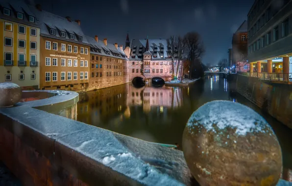 Picture winter, night, the city, river, home, Germany, Bayern, Nuremberg