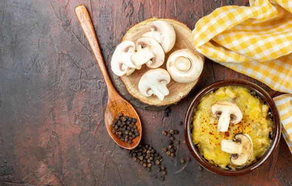 Mushrooms, pepper, mushrooms, mashed potatoes