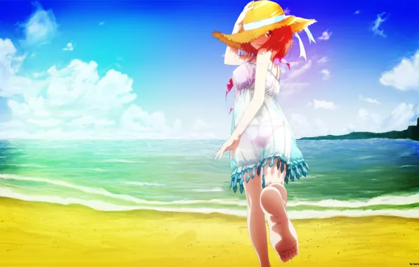 Sea, beach, girl, anime, art, Hataraku Maou-sama!