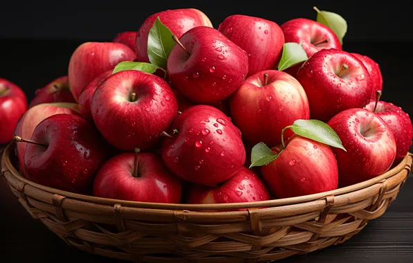 Drops, the dark background, apples, red, fruit, network, a lot, juicy