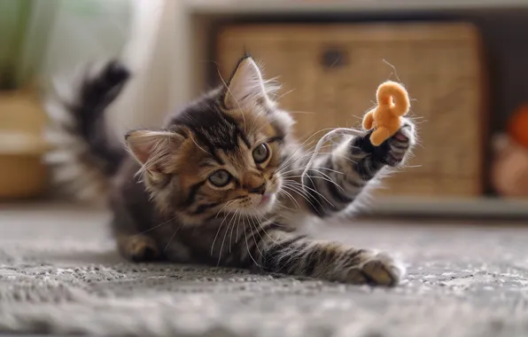 Cat, look, pose, kitty, grey, room, carpet, toy