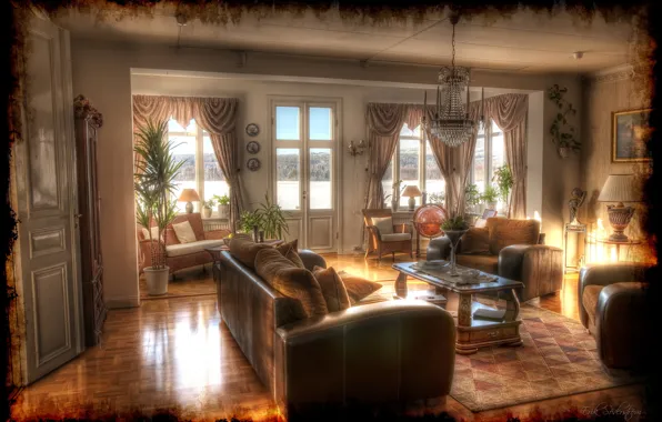 Retro, photo, sofa, HDR, interior, chandelier