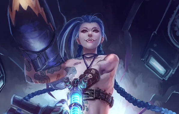 Girl, weapons, art, tattoo, League of Legends, LoL, Jinx, mockery