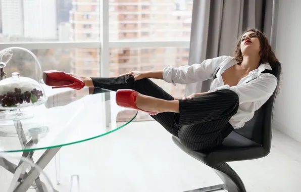 Picture model, chair, window, grapes, brunette, office, high heels, sitting