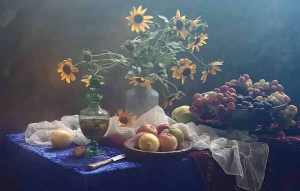 Picture flowers, table, grapes, fruit, Still life in yellow and blue colours