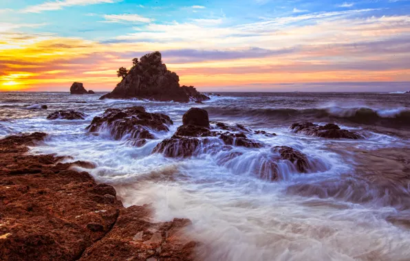 Picture sea, wave, the sky, landscape, sunset, stones, rocks, shore