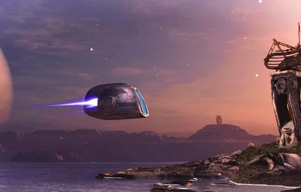 Sky, water, mountains, stars, spaceship, planet, the watchtowers