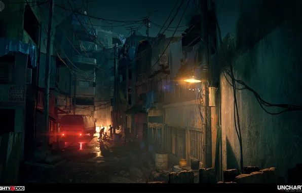 Night, street, car, showdown, light, Uncharted The Lost Legacy, Occupied City