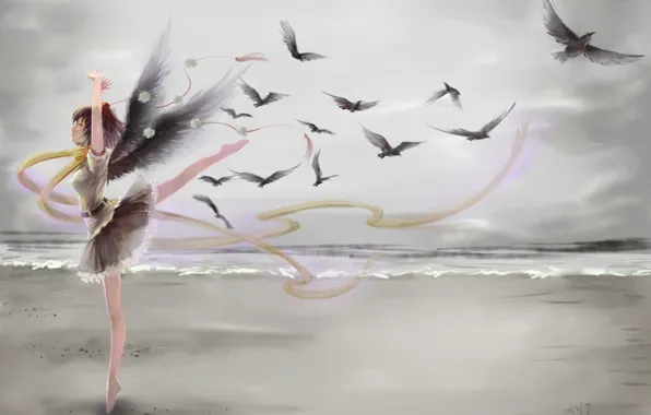 Picture sea, water, girl, birds, shore, wings, scarf, art