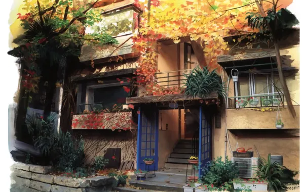 Picture by Kusanagi, ladder, plants, trees, balconies, Japan, entrance, autumn