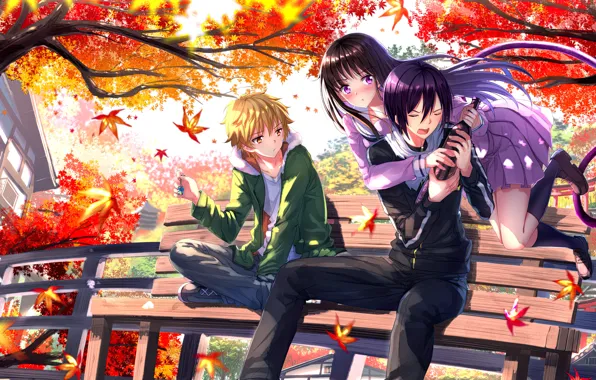 Autumn, leaves, girl, anime, art, guys, swordsouls, noragami