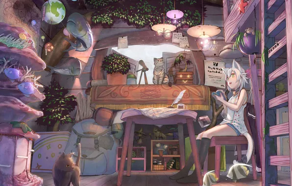 Picture girl, fish, lamp, cats, plants, anime, art, tail