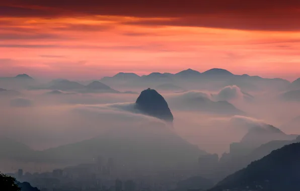 Mountains, fog, twilight, Brazil, Rio de Janeiro, Sugar Loaf