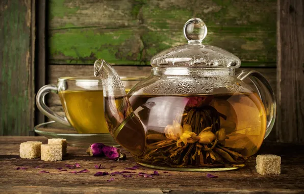 Picture glass, flowers, tea, kettle, Cup, sugar, welding, knitted