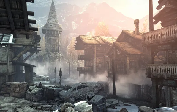 Picture mountains, machine, the city, home, devastation, village, gears of war 2, hut