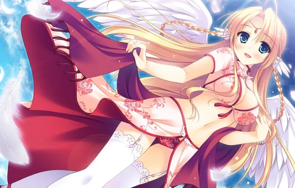 Chest, girl, wings, stockings, feathers, dress, game cg, guardian☆place