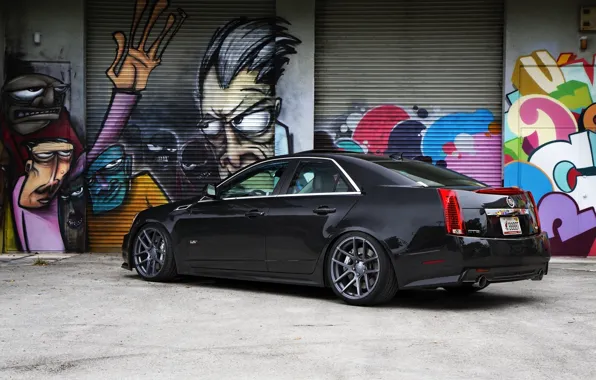 Black, Cadillac, grafiti, black, CTS-V, Cadillac