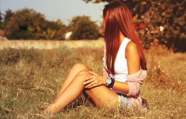 Field, grass, girl, watch, sitting, bracelets