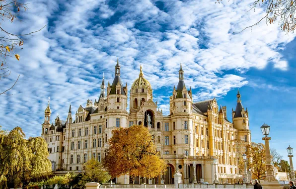 Autumn, the sky, the sun, clouds, trees, Germany, Palace, Schwerin