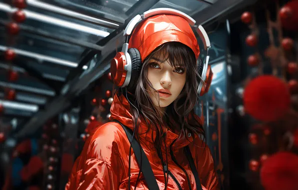 Girl, headphones, beautiful, look, AI Art