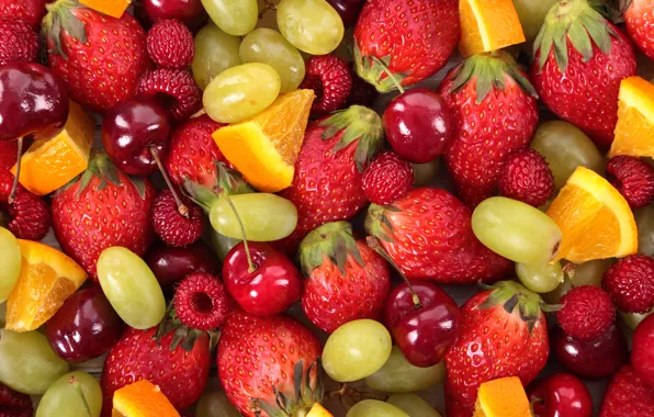 Picture berries, raspberry, orange, strawberry, grapes, fruit, cherry