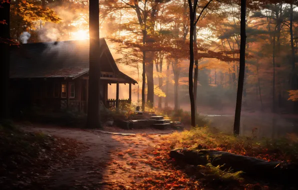 Autumn, forest, the sun, light, trees, fog, house, Park