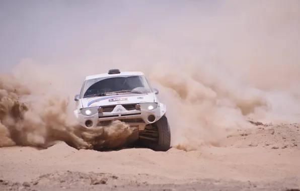 Sand, Dust, Machine, Skid, Mitsubishi, Rally, Dakar, SUV
