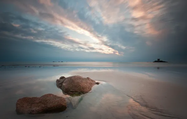 Sand, sea, beach, sunset, stones