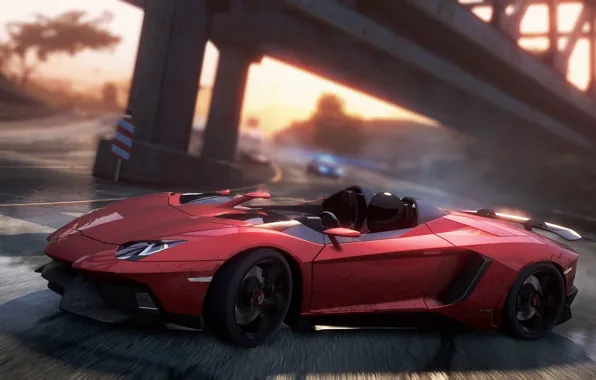 Picture road, bridge, race, skid, sports car, Aventador J, need for speed most wanted 2012