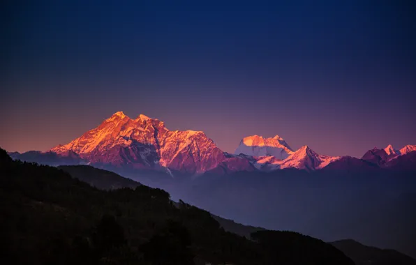 The sky, trees, mountains, the evening, blue, The Himalayas, Nepal