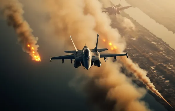 Smoke, River, Aircraft, Fire, Flight, Two, Fighters, Digital art