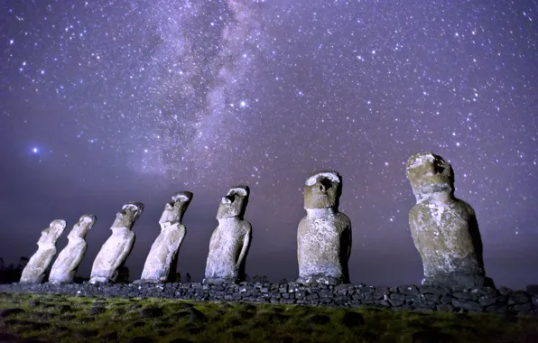 Stars, night, the milky way, Magellanic clouds, Ostrov Easter, Rapa Nui, the Moai statues, The …