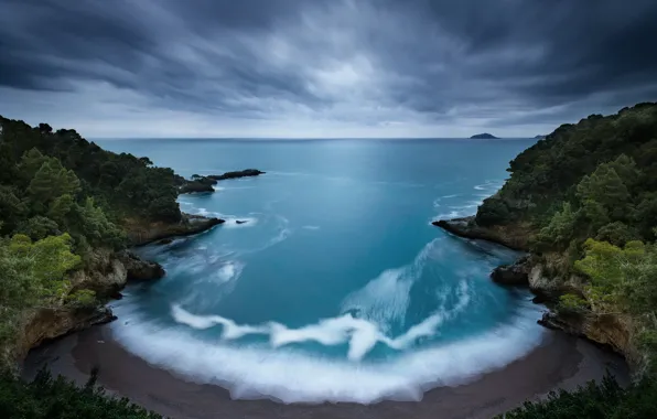 Sea, wave, beach, the sky, clouds, trees, rocks, morning