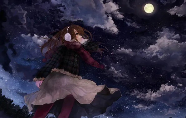 Night, the moon, girl