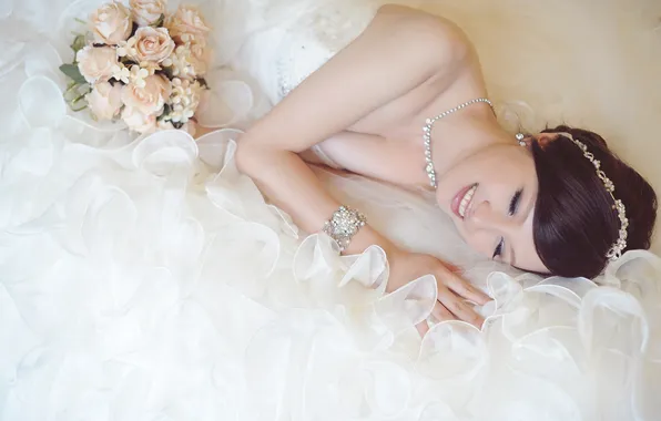 Girl, smile, bouquet, dress, Asian, the bride