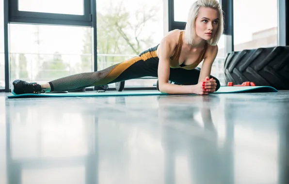 Picture blonde, fitness, stretching, warm-up