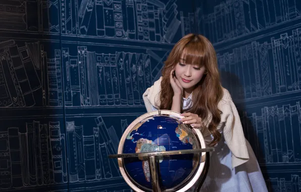 Picture girl, face, background, hair, globe