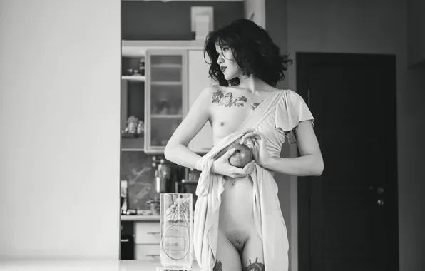 Chest, girl, figure, naked, tattoo, photographer, kitchen, nipples