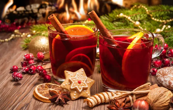 Orange, cookies, nuts, cinnamon, spices, mulled wine