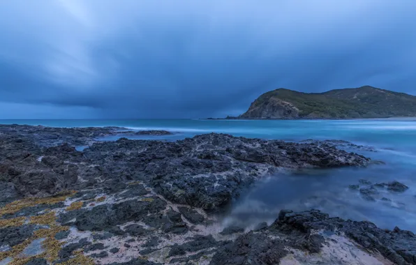Sea, the sky, clouds, blue, stones, rocks, coast, New Zealand