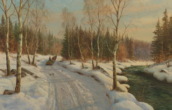 Picture Danish painter, 1919, Peter Merk Of Menstad, Peder Mørk Mønsted, Danish realist painter, Sleigh ride …
