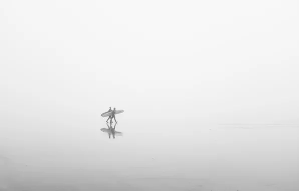 Fog, reflection, mirror, surfers