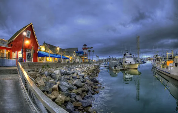 Picture water, landscape, stones, home, boats, the evening, lighting, CA