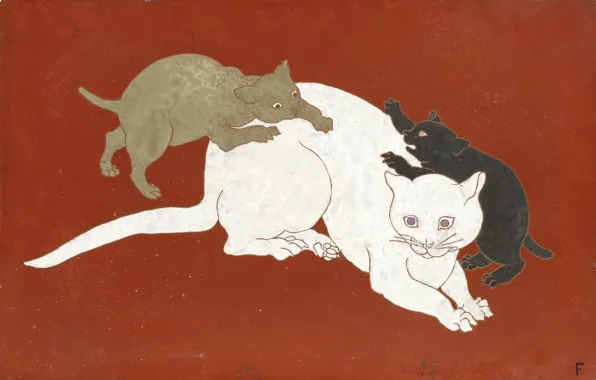 Picture orange, 1930, Tsuguharu Foujita, Cat and kittens