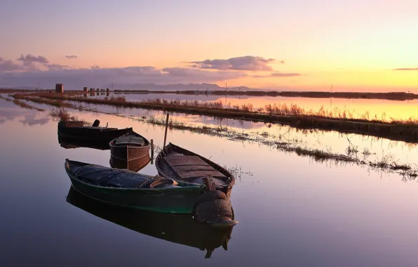 Sunset, river, boats