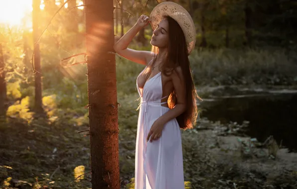Picture forest, girl, the sun, pose, river, hair, hat, figure