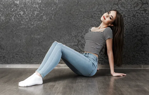 Look, sexy, pose, smile, wall, model, portrait, jeans