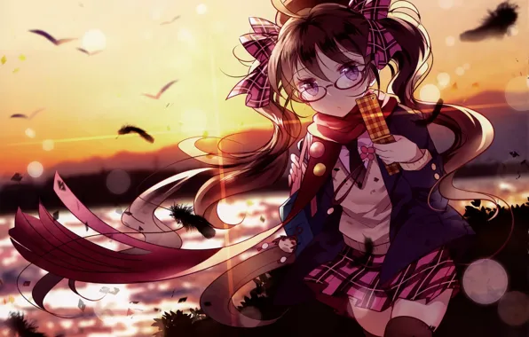 Girl, sunset, anime, feathers, art, glasses, phone, touhou