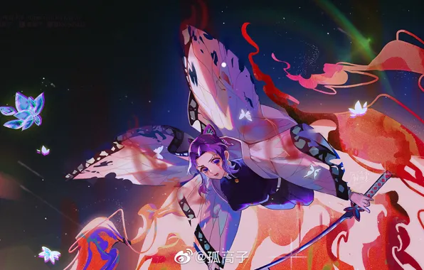 Girl, flowers, butterfly, The Blade Cleaves Demons